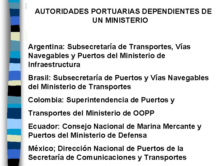  AUTORIDADES PORTUARIAS DEPENDIENTES DE UN MINISTERIO Argentina: Subsecretaría de Transportes, Vías Navegables y