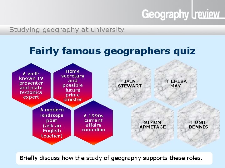 Studying geography at university Fairly famous geographers quiz A wellknown TV presenter and plate