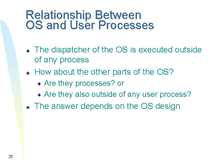 Relationship Between OS and User Processes The dispatcher of the OS is executed outside Relationship Between OS and User Processes The dispatcher of the OS is executed outside