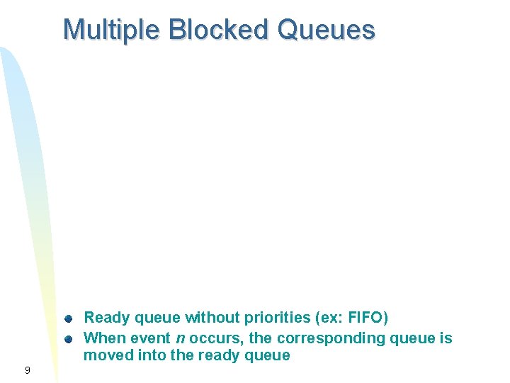 Multiple Blocked Queues Ready queue without priorities (ex: FIFO) When event n occurs, the Multiple Blocked Queues Ready queue without priorities (ex: FIFO) When event n occurs, the