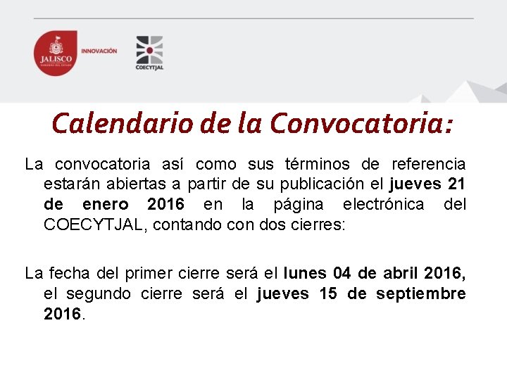 Calendario de la Convocatoria: La convocatoria así como sus términos de referencia estarán abiertas