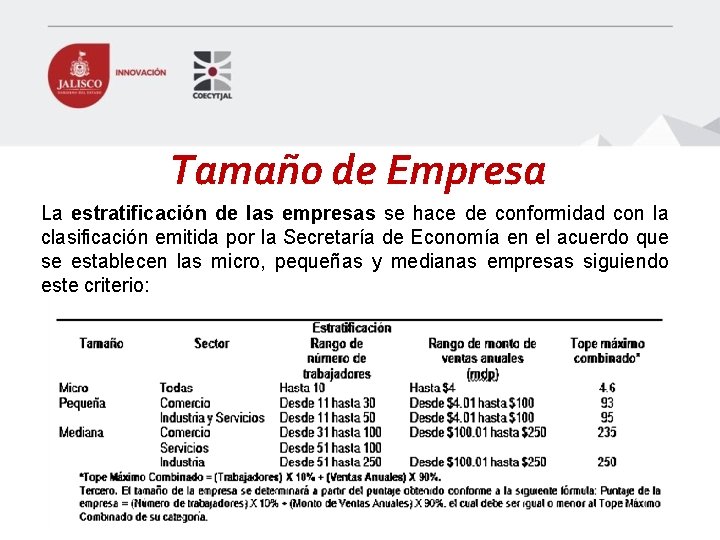 Tamaño de Empresa La estratificación de las empresas se hace de conformidad con la