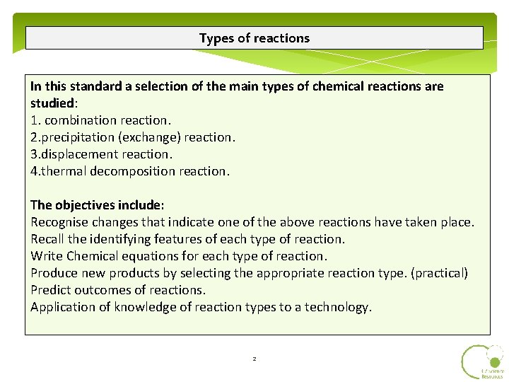 Types of reactions In this standard a selection of the main types of chemical