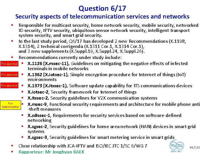 Question 6/17 Security aspects of telecommunication services and networks Responsible for multicast security, home