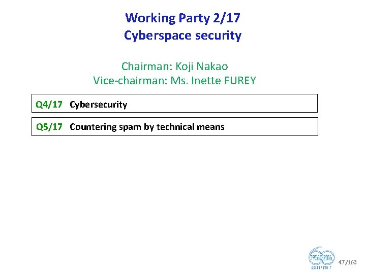 Working Party 2/17 Cyberspace security Chairman: Koji Nakao Vice chairman: Ms. Inette FUREY Q