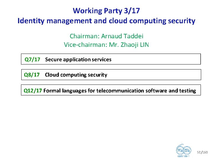 Working Party 3/17 Identity management and cloud computing security Chairman: Arnaud Taddei Vice chairman: