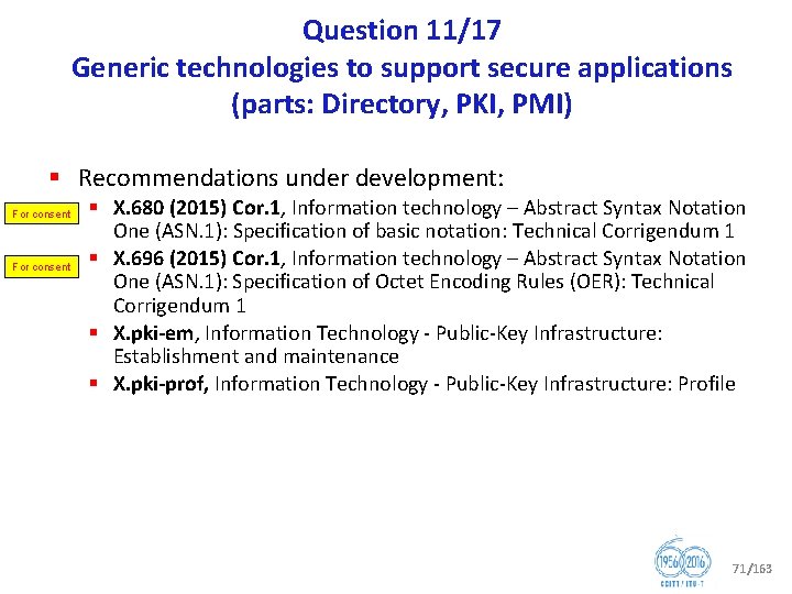 Question 11/17 Generic technologies to support secure applications (parts: Directory, PKI, PMI) § Recommendations