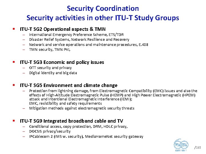 Security Coordination Security activities in other ITU T Study Groups § ITU T SG