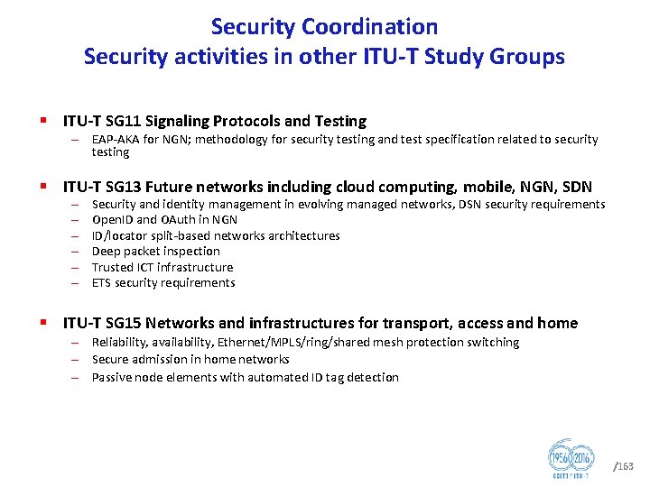 Security Coordination Security activities in other ITU T Study Groups § ITU T SG