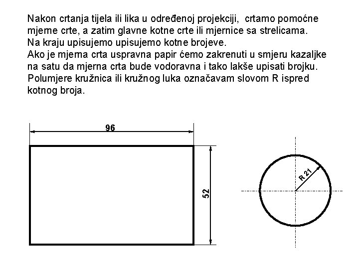 Nakon crtanja tijela ili lika u određenoj projekciji, crtamo pomoćne mjerne crte, a zatim