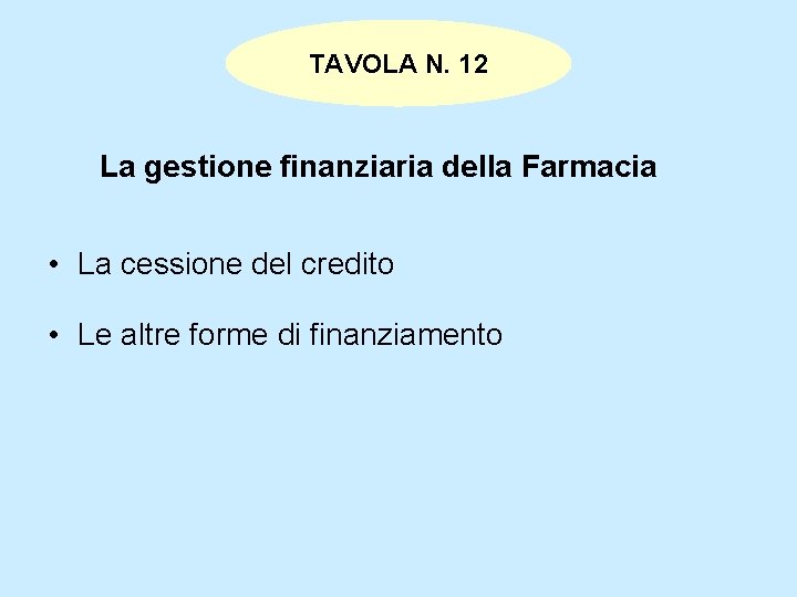 TAVOLA N. 12 La gestione finanziaria della Farmacia • La cessione del credito •