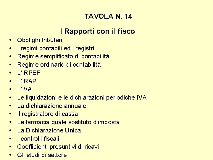 TAVOLA N. 14 I Rapporti con il fisco • • • • Obblighi tributari