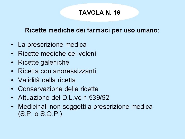 TAVOLA N. 16 Ricette mediche dei farmaci per uso umano: • • La prescrizione