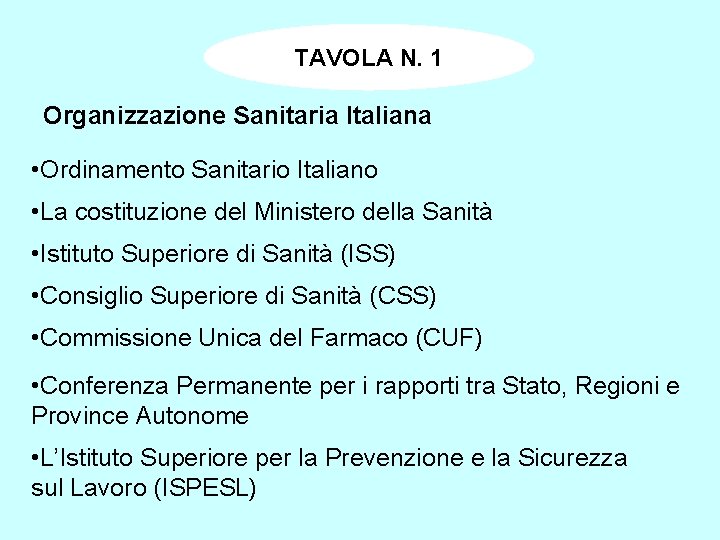 TAVOLA N. 1 Organizzazione Sanitaria Italiana • Ordinamento Sanitario Italiano • La costituzione del