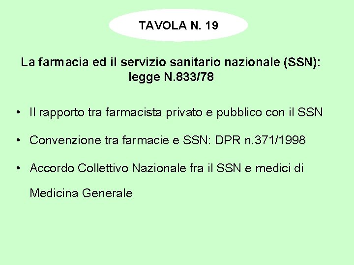 TAVOLA N. 19 La farmacia ed il servizio sanitario nazionale (SSN): legge N. 833/78