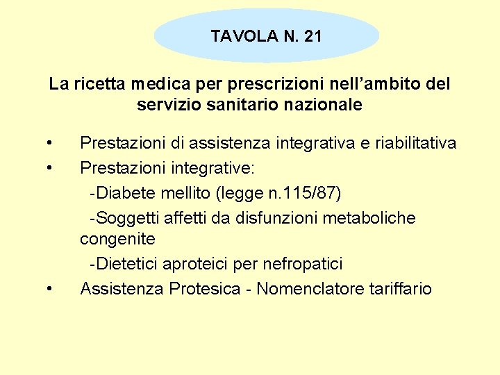 TAVOLA N. 21 La ricetta medica per prescrizioni nell’ambito del servizio sanitario nazionale • TAVOLA N. 21 La ricetta medica per prescrizioni nell’ambito del servizio sanitario nazionale •