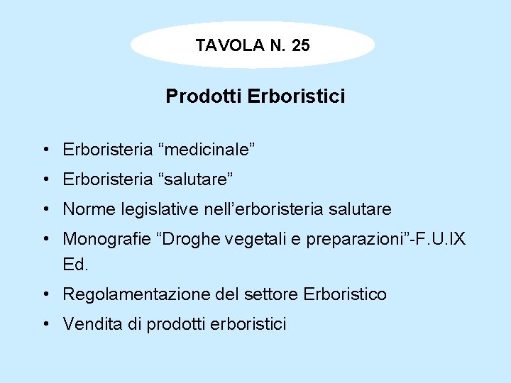 TAVOLA N. 25 Prodotti Erboristici • Erboristeria “medicinale” • Erboristeria “salutare” • Norme legislative TAVOLA N. 25 Prodotti Erboristici • Erboristeria “medicinale” • Erboristeria “salutare” • Norme legislative