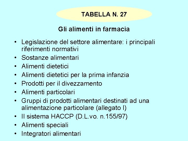 TABELLA N. 27 Gli alimenti in farmacia • Legislazione del settore alimentare: i principali