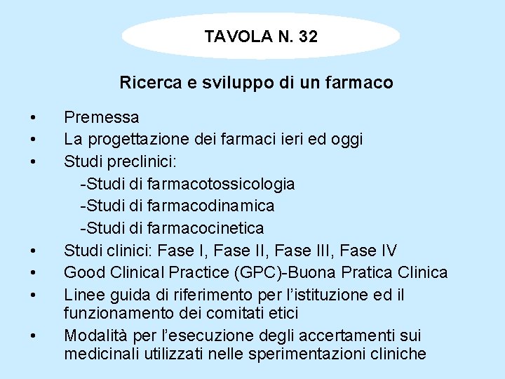 TAVOLA N. 32 Ricerca e sviluppo di un farmaco • • Premessa La progettazione