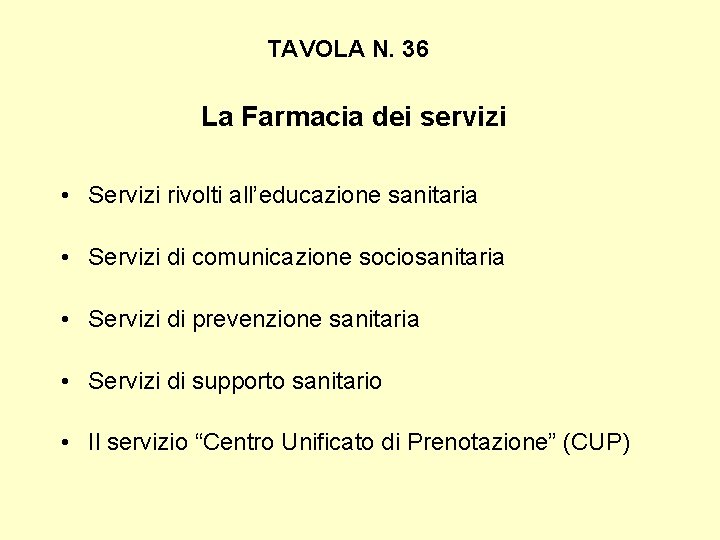 TAVOLA N. 36 La Farmacia dei servizi • Servizi rivolti all’educazione sanitaria • Servizi