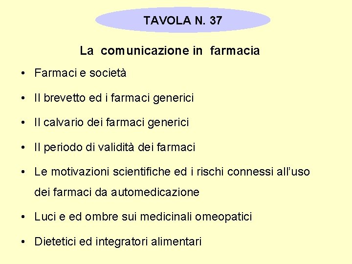 TAVOLA N. 37 La comunicazione in farmacia • Farmaci e società • Il brevetto
