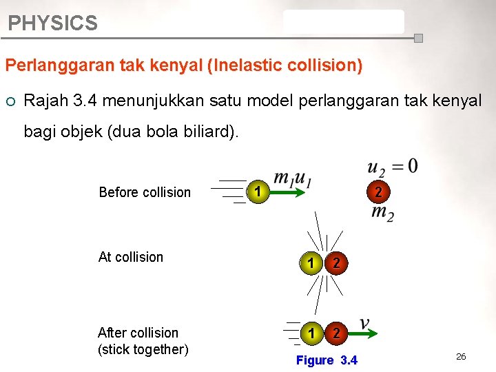 PHYSICS CHAPTER 3 Perlanggaran tak kenyal (Inelastic collision) ¡ Rajah 3. 4 menunjukkan satu