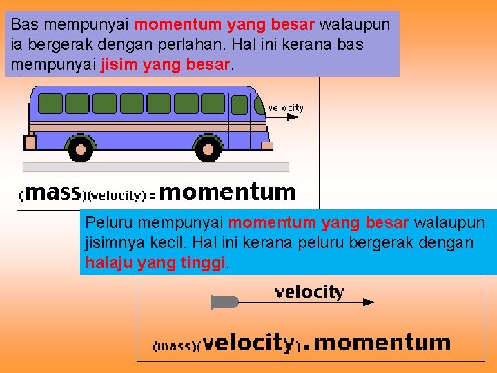 Bas mempunyai momentum yang besar walaupun ia bergerak dengan perlahan. Hal ini kerana bas