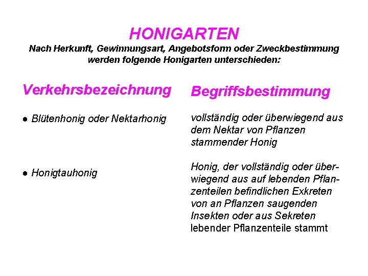 HONIGARTEN Nach Herkunft, Gewinnungsart, Angebotsform oder Zweckbestimmung werden folgende Honigarten unterschieden: Verkehrsbezeichnung Begriffsbestimmung ●