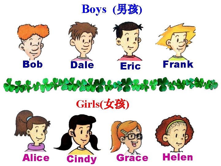 Boys (男孩) Bob Dale Eric Frank Girls(女孩) Alice Cindy Grace Helen 
