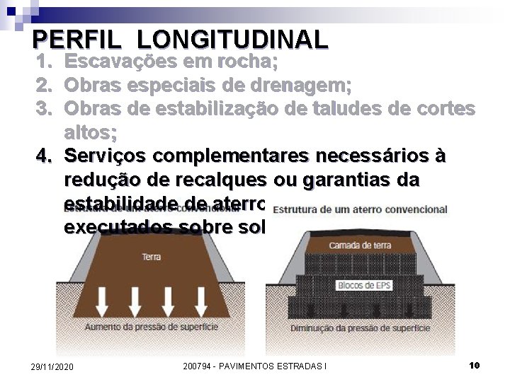 PERFIL LONGITUDINAL 1. 2. 3. Escavações em rocha; Obras especiais de drenagem; Obras de