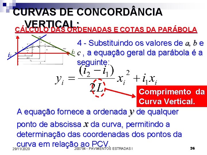 CURVAS DE CONCORD NCIA VERTICAL: CÁLCULO DAS ORDENADAS E COTAS DA PARÁBOLA SIMPLES i