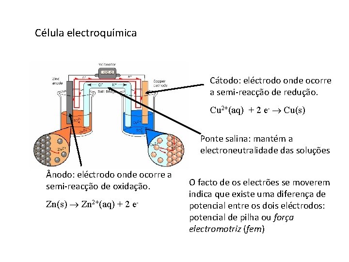 Célula electroquímica Cátodo: eléctrodo onde ocorre a semi-reacção de redução. Cu 2+(aq) + 2