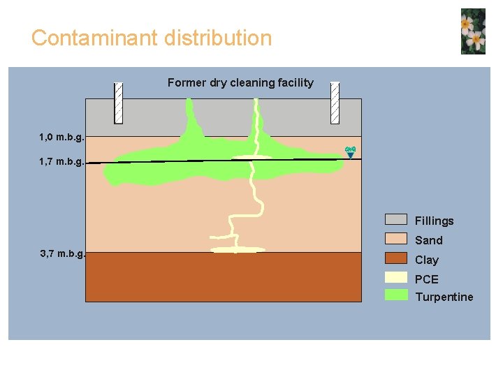 Contaminant distribution Former dry cleaning facility 1, 0 m. b. g. 1, 7 m.