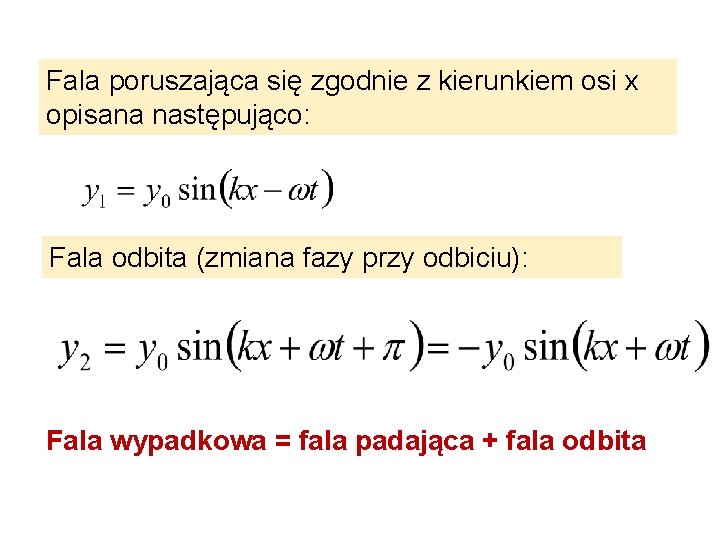 Fala poruszająca się zgodnie z kierunkiem osi x opisana następująco: Fala odbita (zmiana fazy