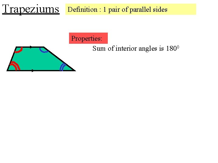 Trapeziums Definition : 1 pair of parallel sides Properties: Sum of interior angles is Trapeziums Definition : 1 pair of parallel sides Properties: Sum of interior angles is