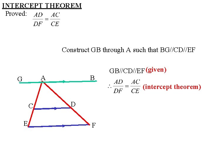 INTERCEPT THEOREM Proved: Construct GB through A such that BG//CD//EF A G B GB//CD//EF INTERCEPT THEOREM Proved: Construct GB through A such that BG//CD//EF A G B GB//CD//EF