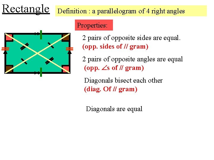 Rectangle Definition : a parallelogram of 4 right angles Properties: 2 pairs of opposite Rectangle Definition : a parallelogram of 4 right angles Properties: 2 pairs of opposite