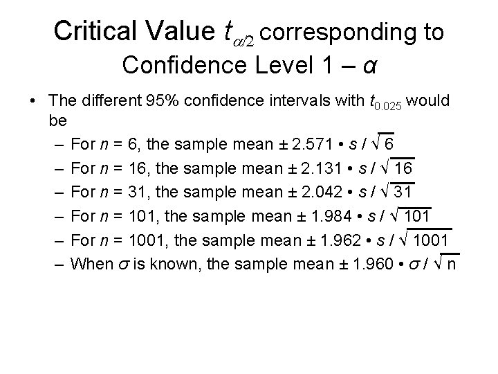 Critical Value ta/2 corresponding to Confidence Level 1 – α • The different 95%