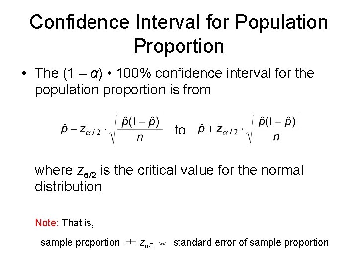 Confidence Interval for Population Proportion • The (1 – α) • 100% confidence interval