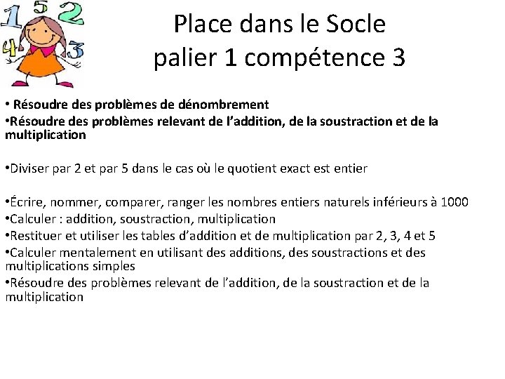 Place dans le Socle palier 1 compétence 3 • Résoudre des problèmes de dénombrement