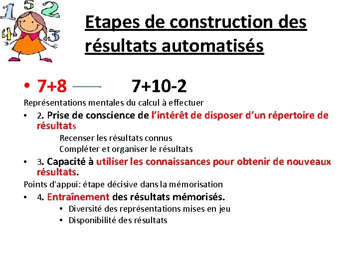 Etapes de construction des résultats automatisés • 7+8 7+10 -2 Représentations mentales du calcul