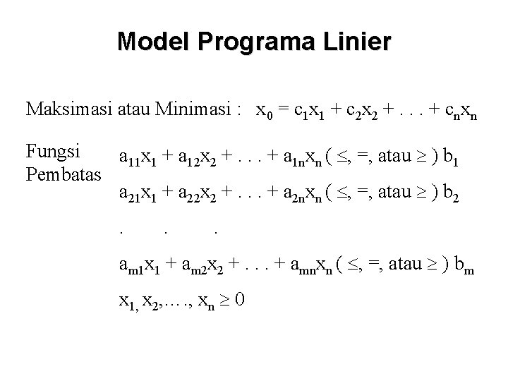 Model Programa Linier Maksimasi atau Minimasi : x 0 = c 1 x 1