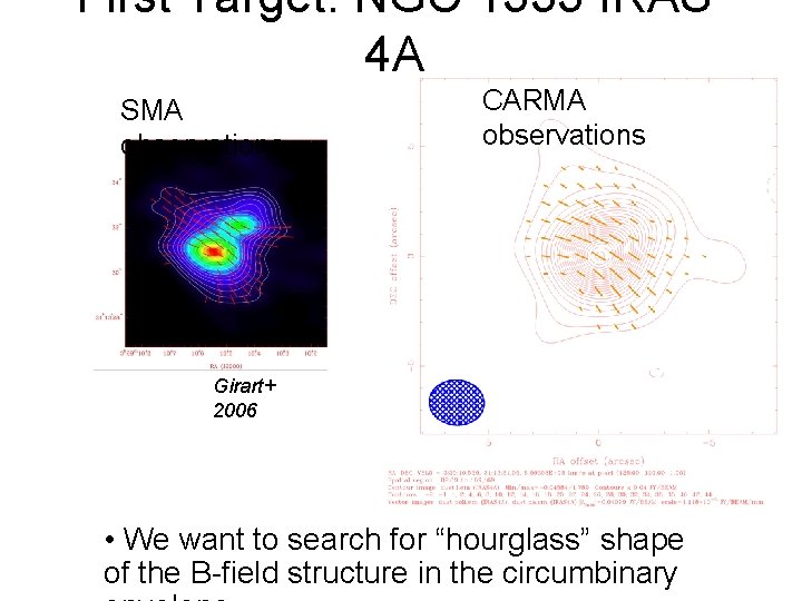 First Target: NGC 1333 IRAS 4 A SMA observations CARMA observations Girart+ 2006 • First Target: NGC 1333 IRAS 4 A SMA observations CARMA observations Girart+ 2006 •
