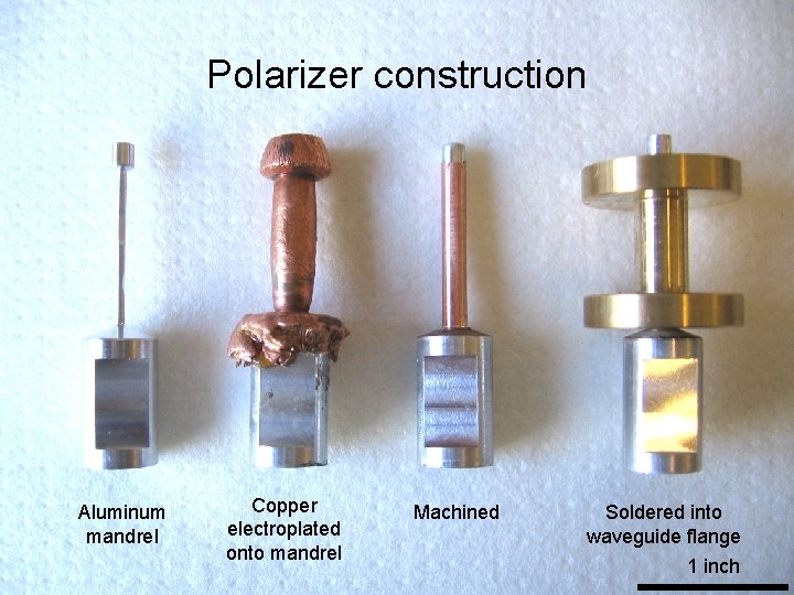 Polarizer construction Aluminum mandrel Copper electroplated onto mandrel Machined Soldered into waveguide flange 1 Polarizer construction Aluminum mandrel Copper electroplated onto mandrel Machined Soldered into waveguide flange 1