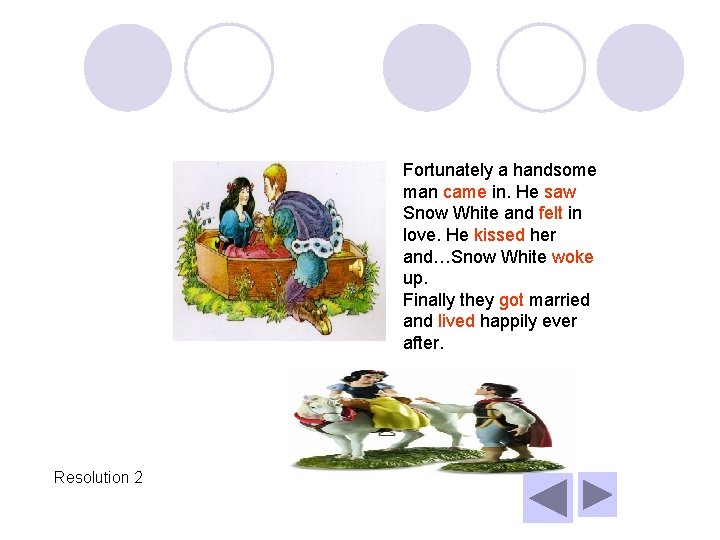 Fortunately a handsome man came in. He saw Snow White and felt in love.