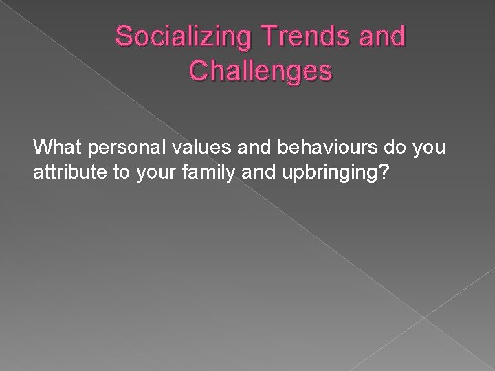 Socializing Trends and Challenges What personal values and behaviours do you attribute to your