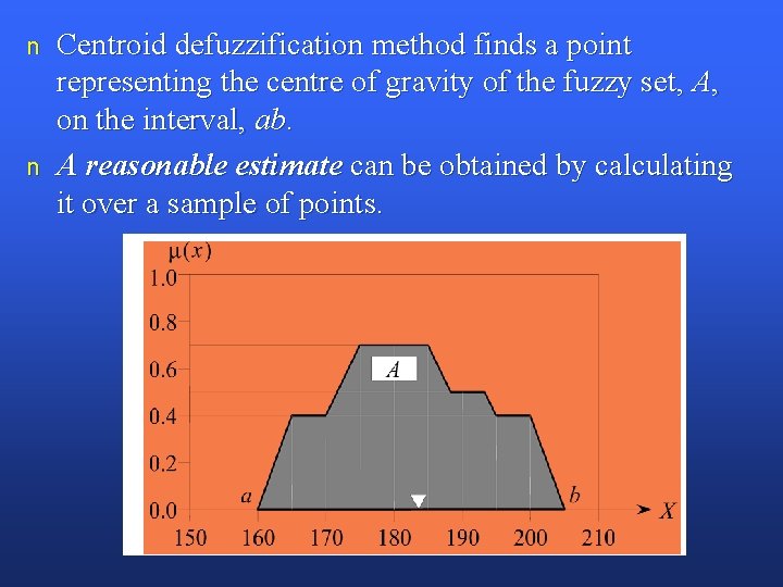 n n Centroid defuzzification method finds a point representing the centre of gravity of