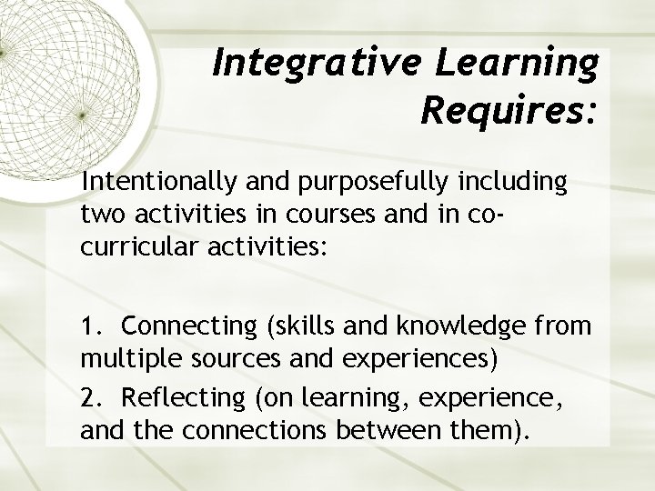 Integrative Learning Requires: Intentionally and purposefully including two activities in courses and in cocurricular