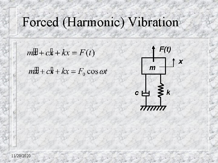 Forced (Harmonic) Vibration F(t) x m c 11/29/2020 k 