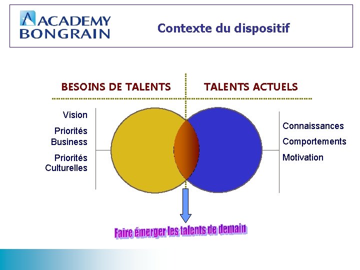 Contexte du dispositif BESOINS DE TALENTS ACTUELS Vision Priorités Business Priorités Culturelles Connaissances Comportements